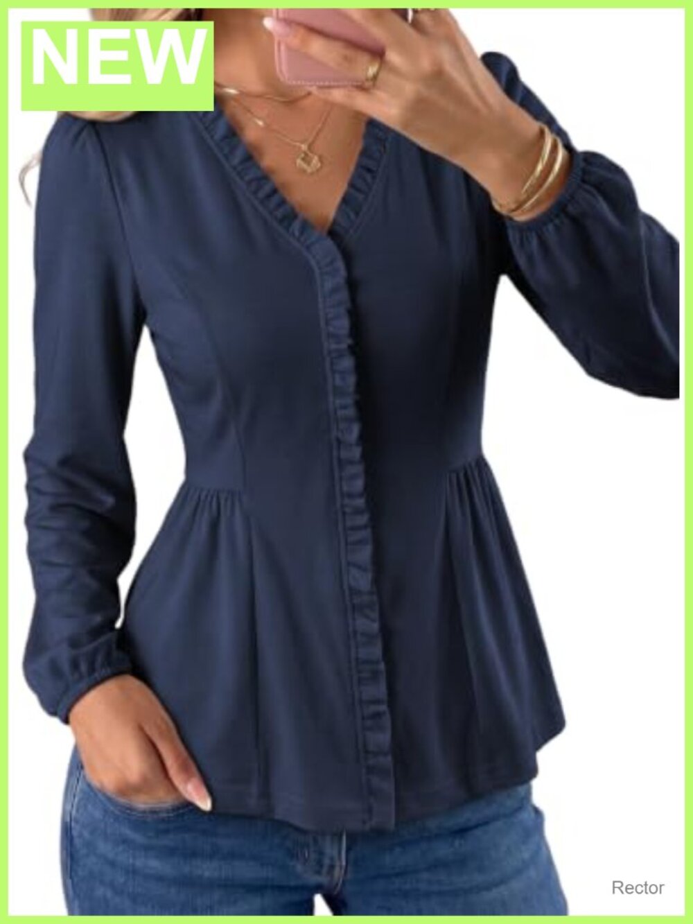 Ruffle Trim V Neck Long Sleeve Peplum Blouse for Women